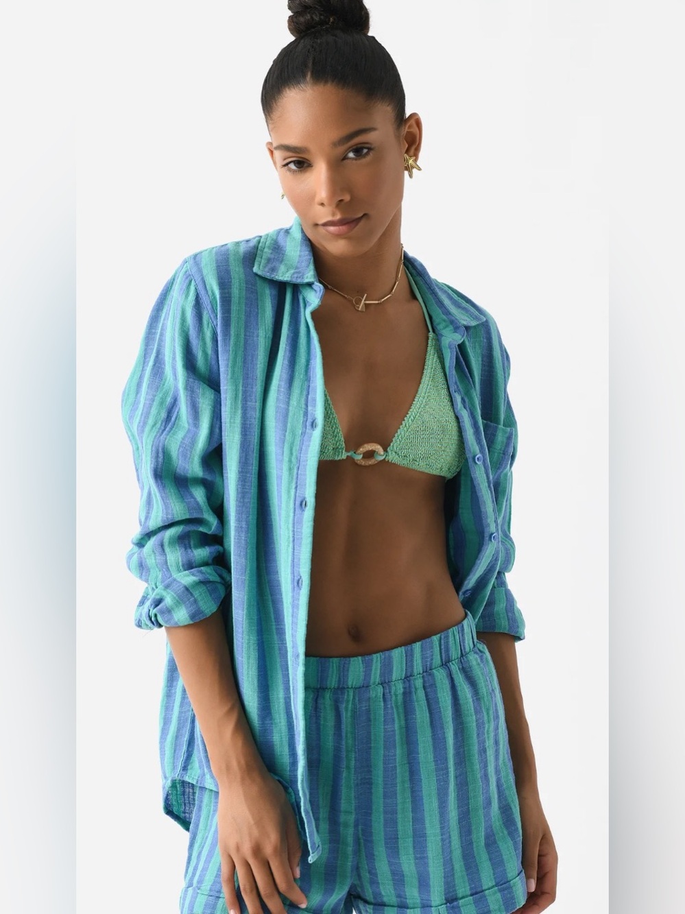Supply Stripe Gauze Button‑Down Shirt — Green & Blue
